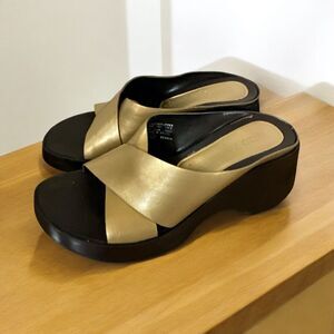 Y2K Enzo Angiolini Womens Gold Brown Leather Chunky Heel Platform Sandals Size 8